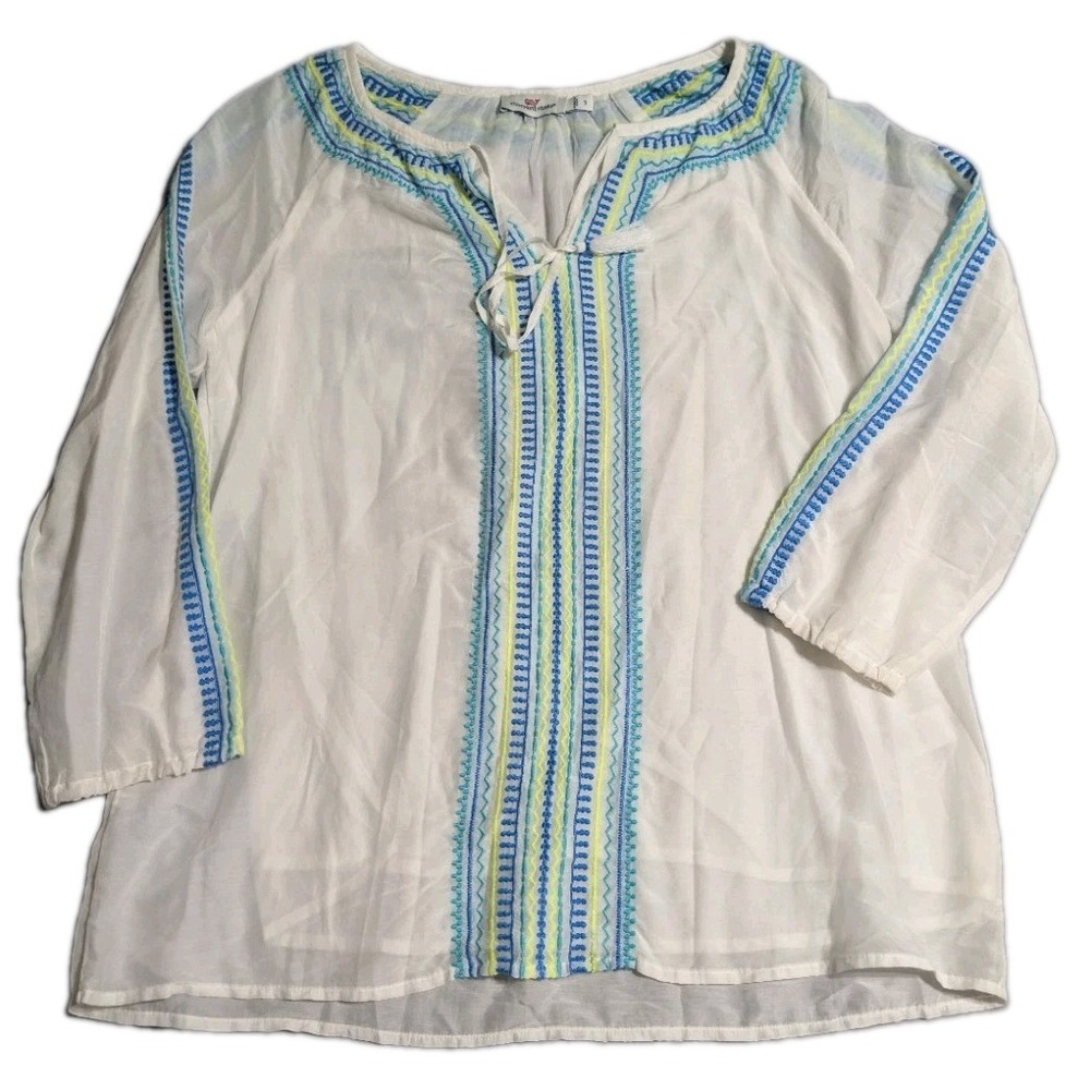 Vineyard Vines Tunic Top Womens S White Embroidered Silk Blend Boho Blouse